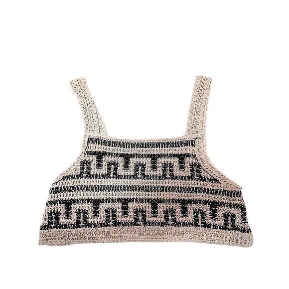 Crochet Bohemian Half Top Womens Sz L Beige Semi Sheer Cropped Festival Coquette - Picture 14 of 16